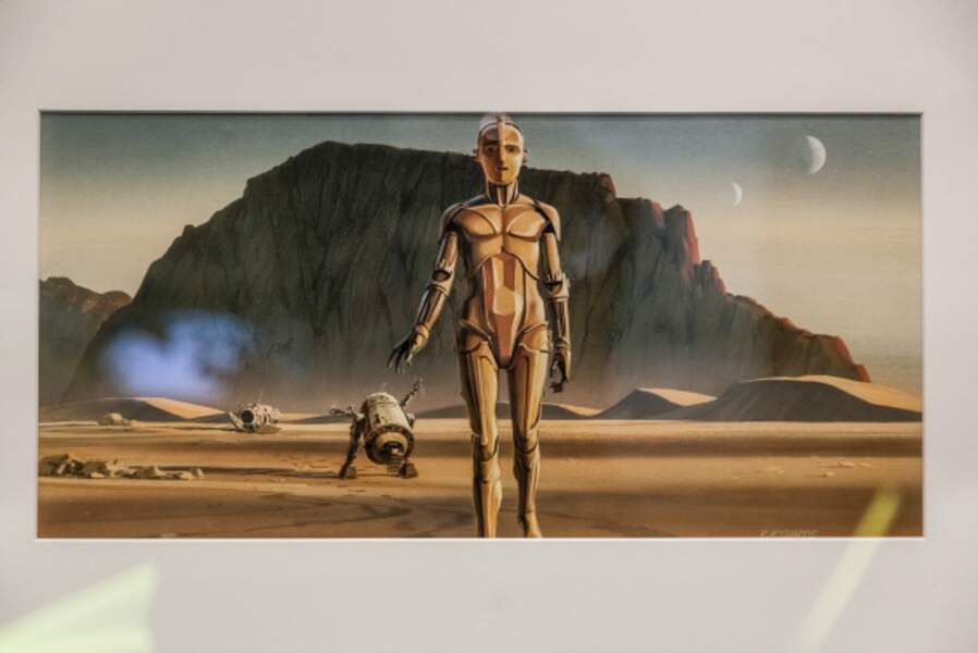 Un croquis préparatoire représentant les deux droïdes R2-D2 et C-3PO, duo inspiré de Laurel et Hardy.
